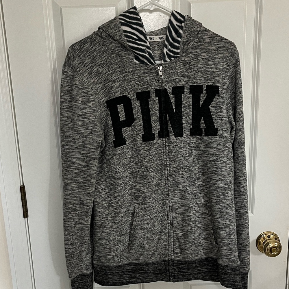 Victoria's Secret PINK Gray Zip-Up Hoodie with Zebra Lined Hood